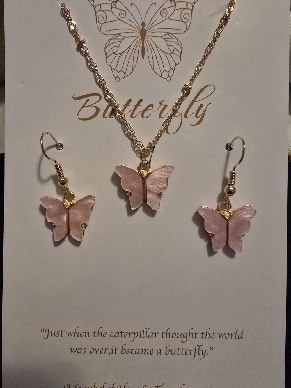 Fashion Jewelry Pink Butterfly Necklace and Earring Set with Gold Tone Chain